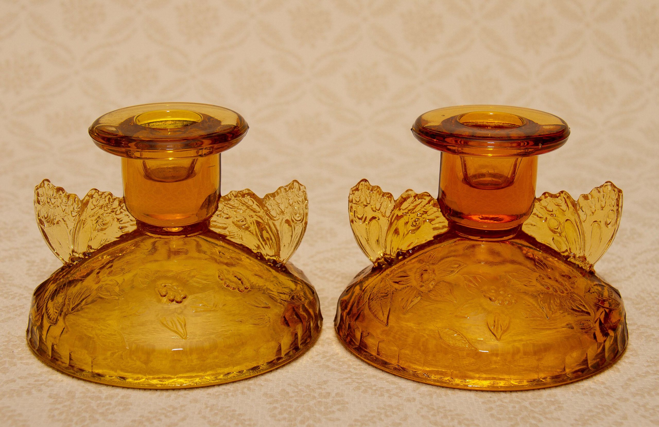 Art Deco Amber Glass Dressing Table Set Butterfly Theme Tray Candlesticks Trinket Dish Small Tray Vintage Glass