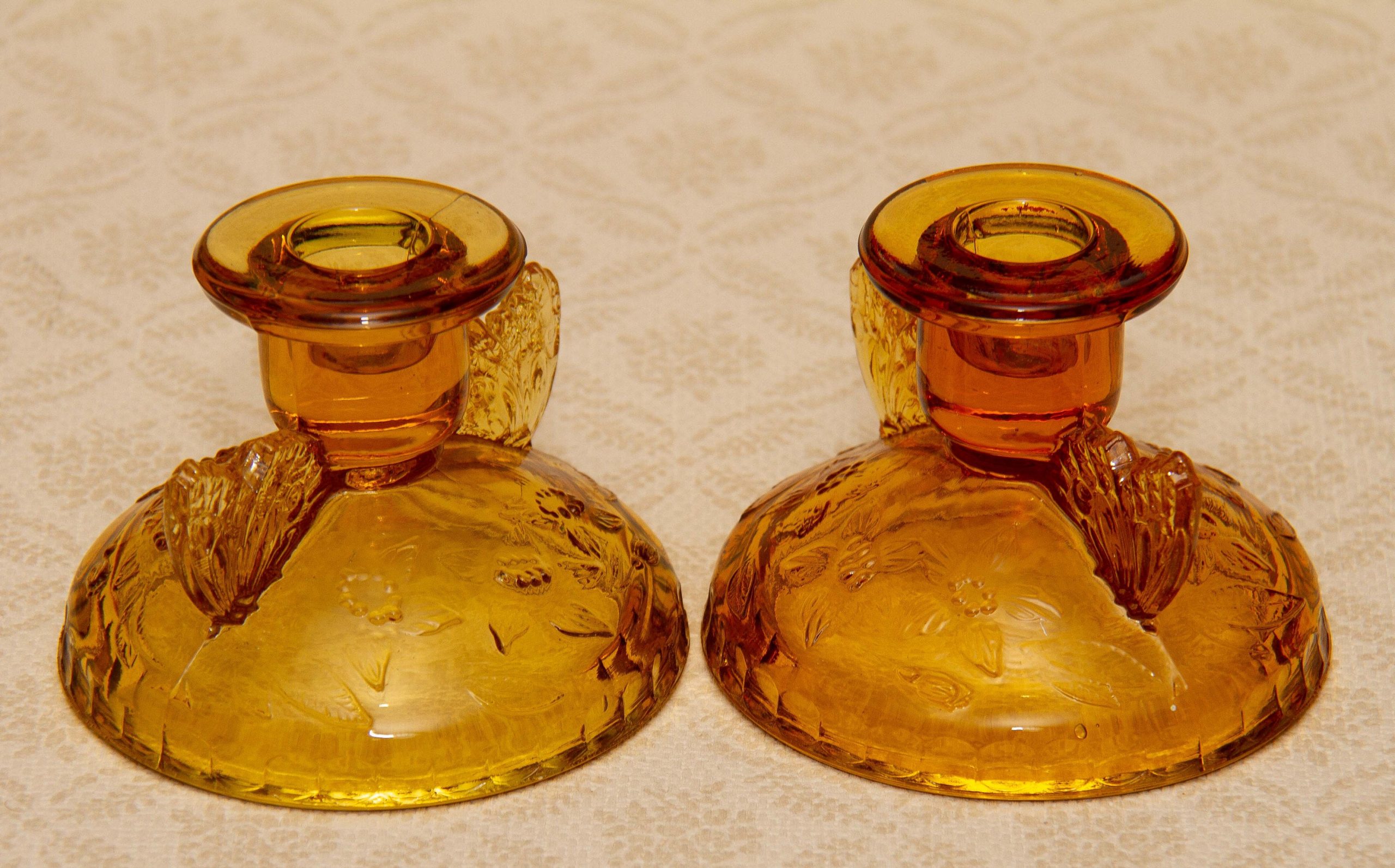 Art Deco Amber Glass Dressing Table Set Butterfly Theme Tray Candlesticks Trinket Dish Small Tray Vintage Glass