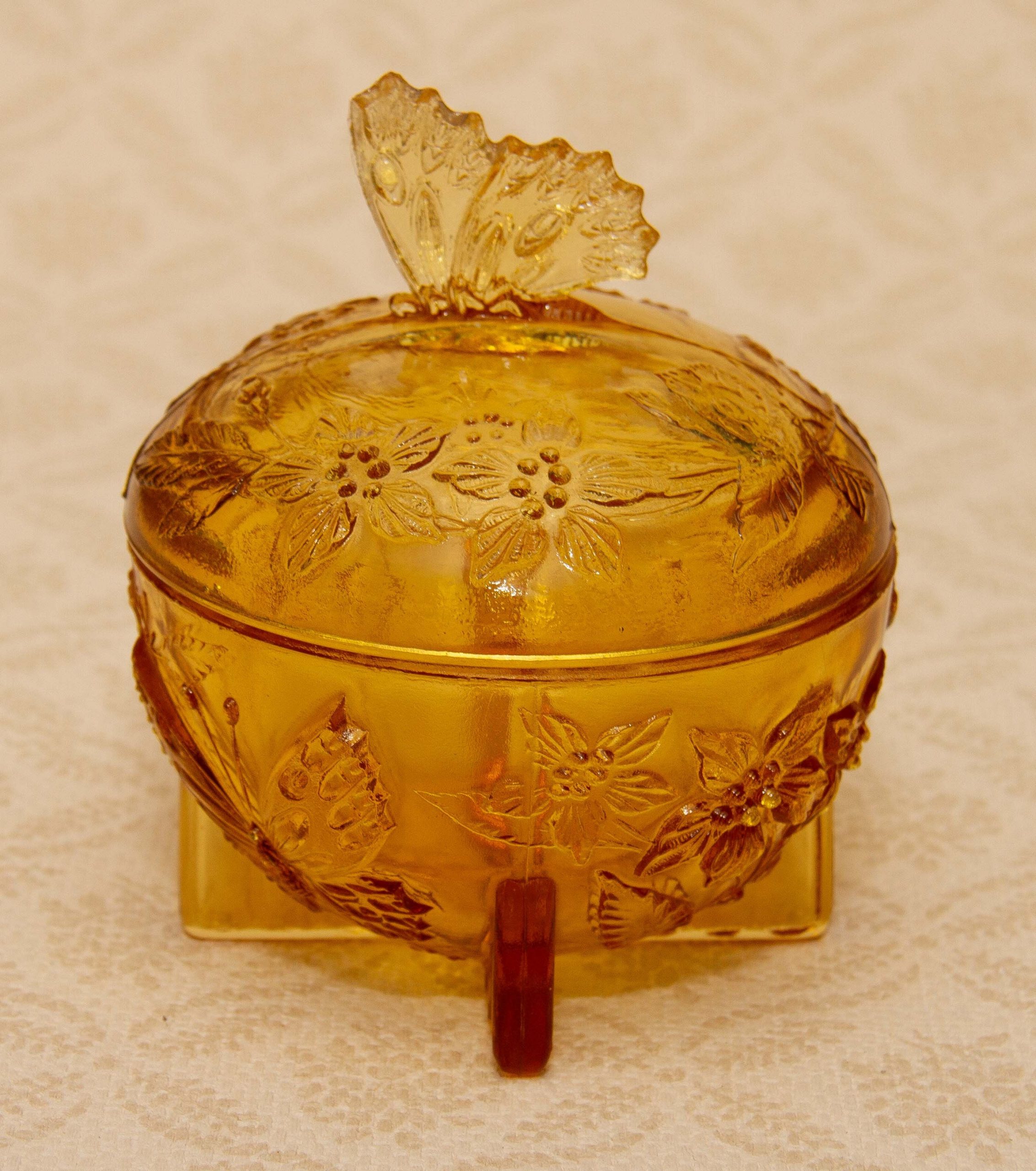 Art Deco Amber Glass Dressing Table Set Butterfly Theme Tray Candlesticks Trinket Dish Small Tray Vintage Glass