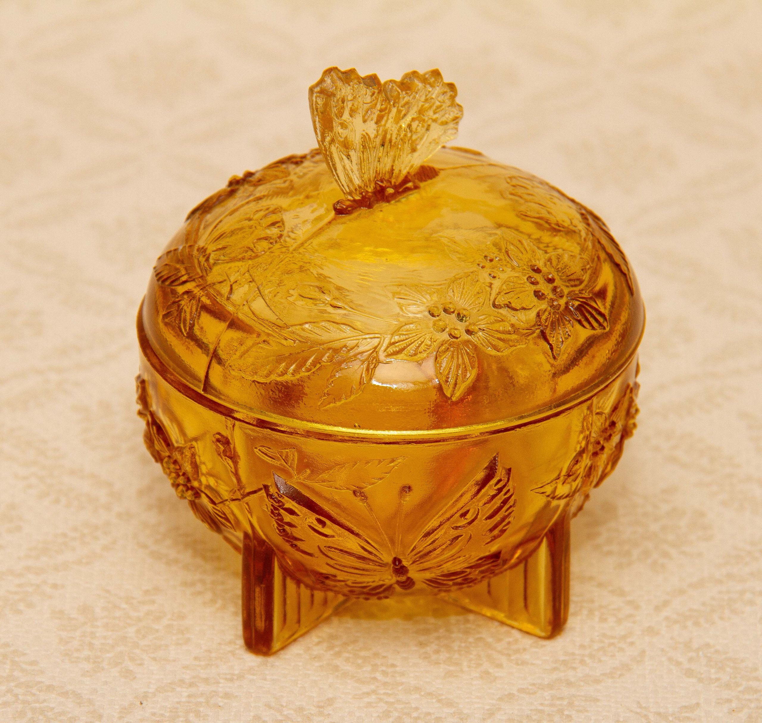 Art Deco Amber Glass Dressing Table Set Butterfly Theme Tray Candlesticks Trinket Dish Small Tray Vintage Glass