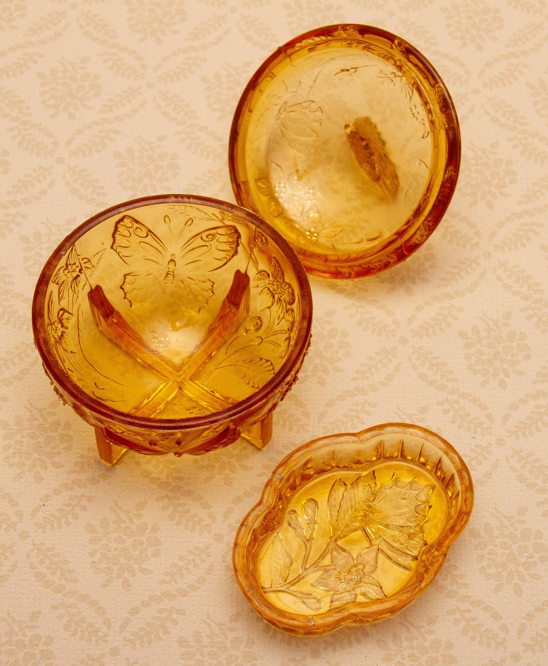 Art Deco Amber Glass Dressing Table Set Butterfly Theme Tray Candlesticks Trinket Dish Small Tray Vintage Glass