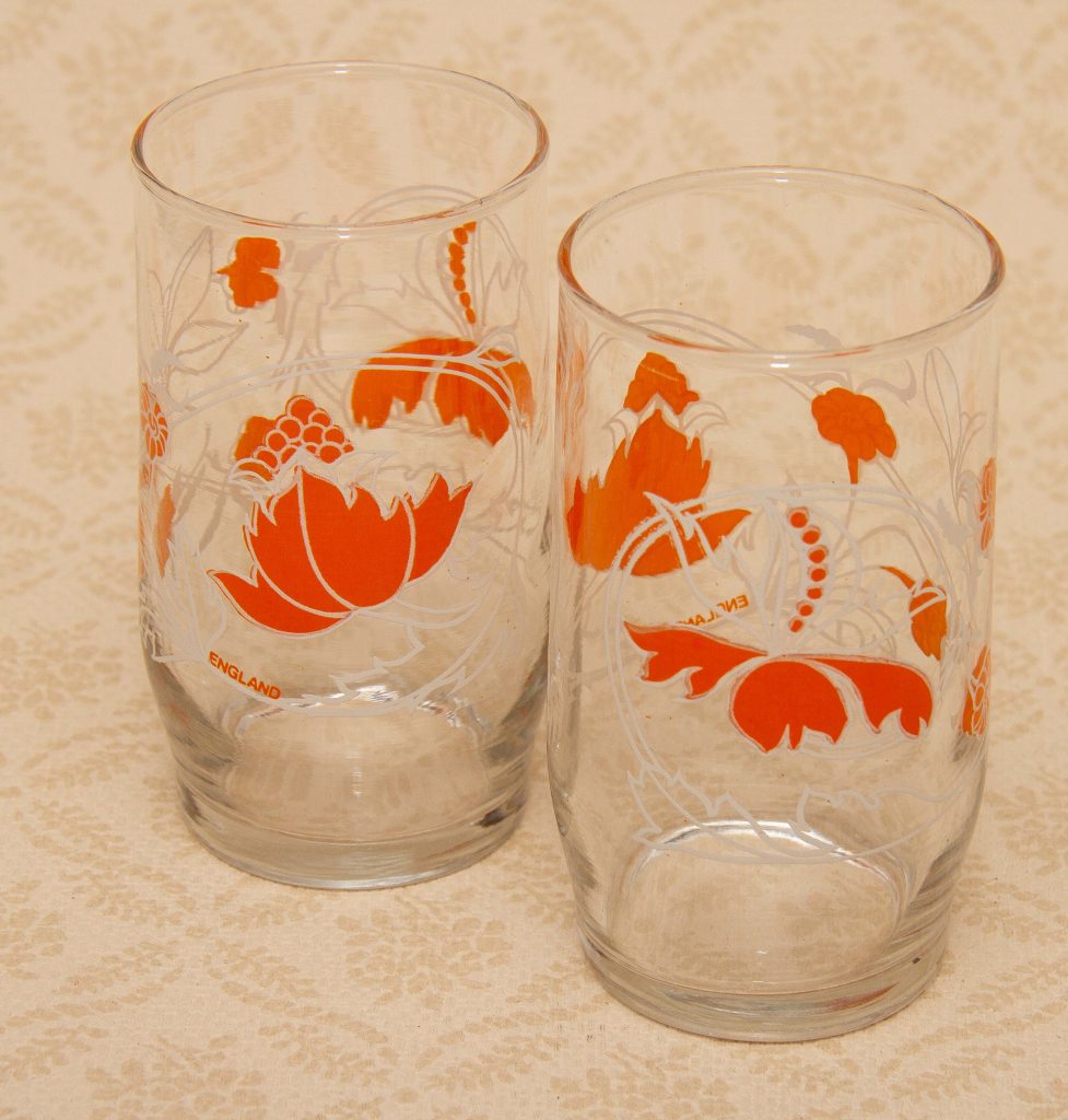 Retro Tumblers Pair Of Drinking Glasses Orange Floral Pattern Love Vintage