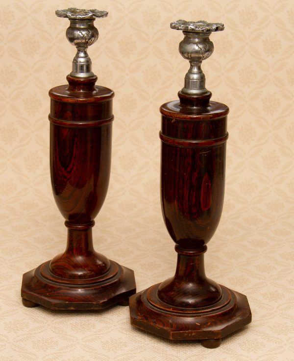 Large Wood and Chrome Candlesticks, Pair of Large Wood and Silver Metal Candlesticks Vintage Candle Holders