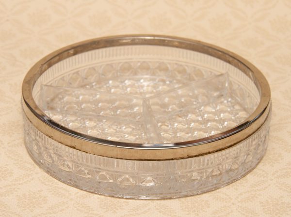Vintage Glass 3 Section Serving Dish, Large Vintage Glass 3 Section Serving Dish With Silver Metal Rim