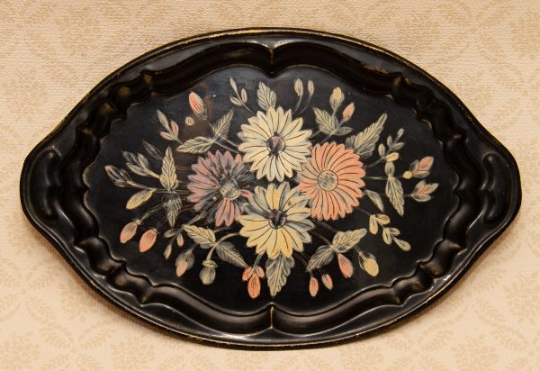 Toleware Antique Black Brass Tray, Toleware Antique Brass Black Tray Hand Painted Floral Pattern