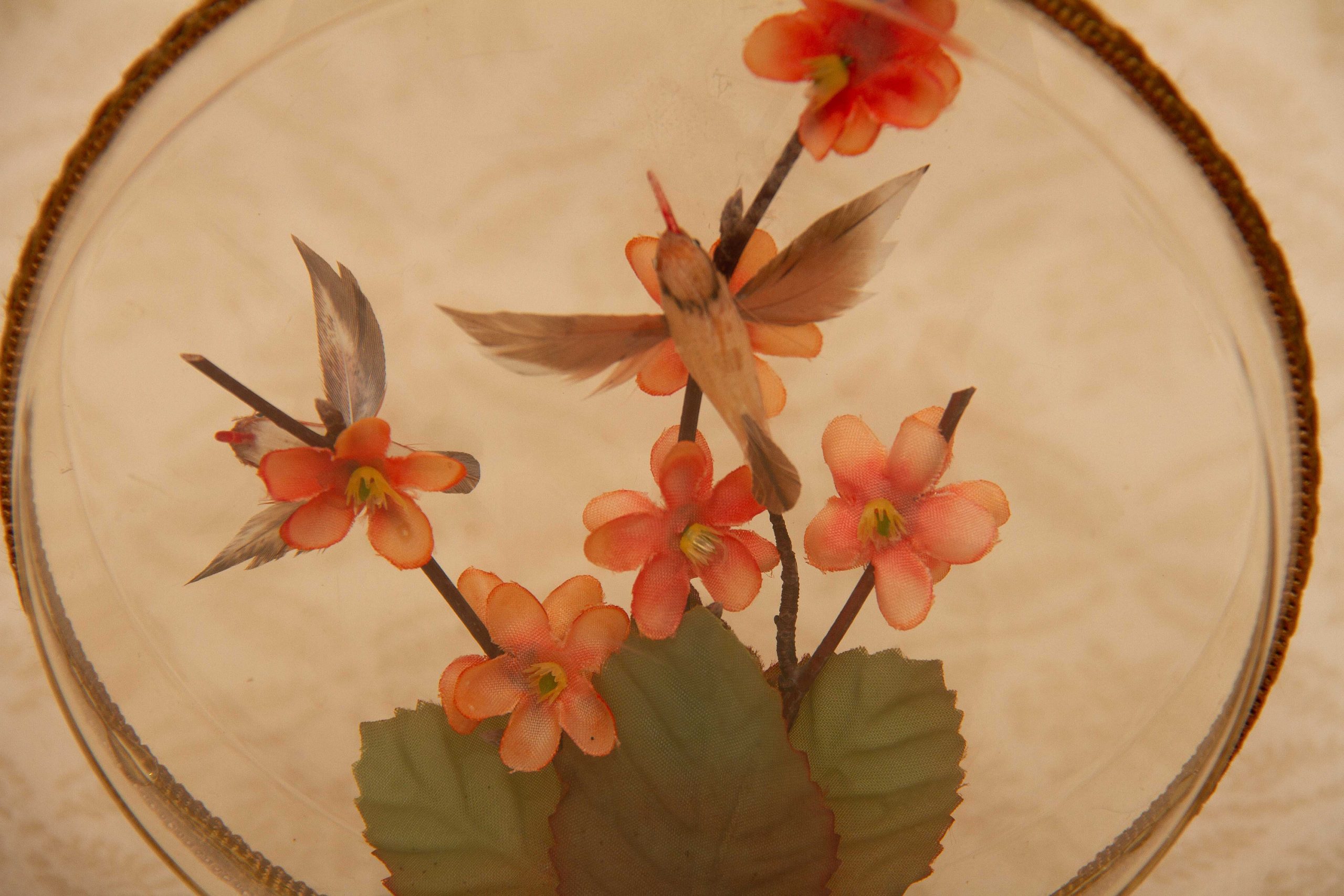 Vintage Diorama Flowers and Birds Encased Picture on Marble Plinth 1970's Cottage Crafts