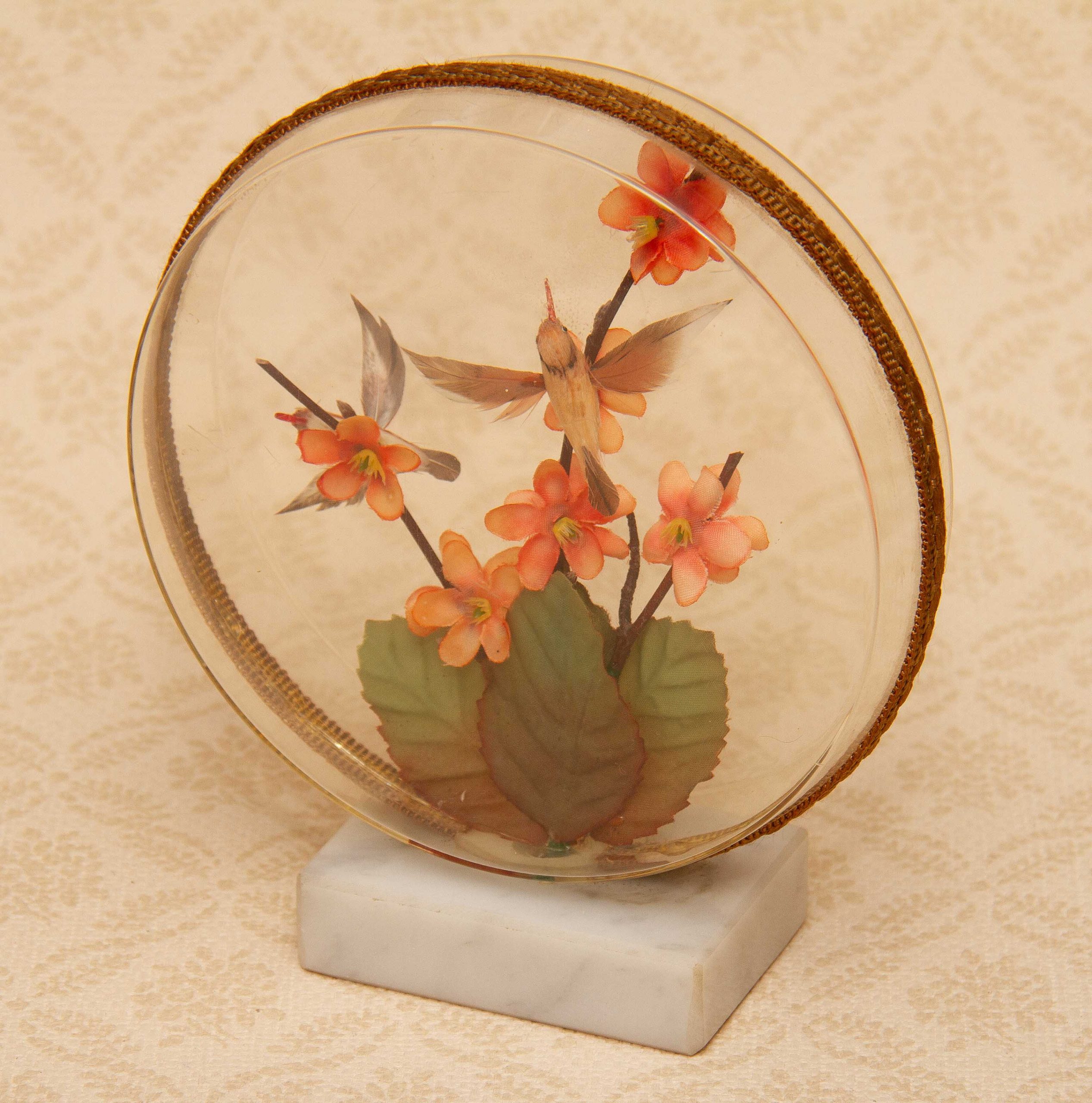 Vintage Diorama Flowers and Birds Encased Picture on Marble Plinth 1970's Cottage Crafts