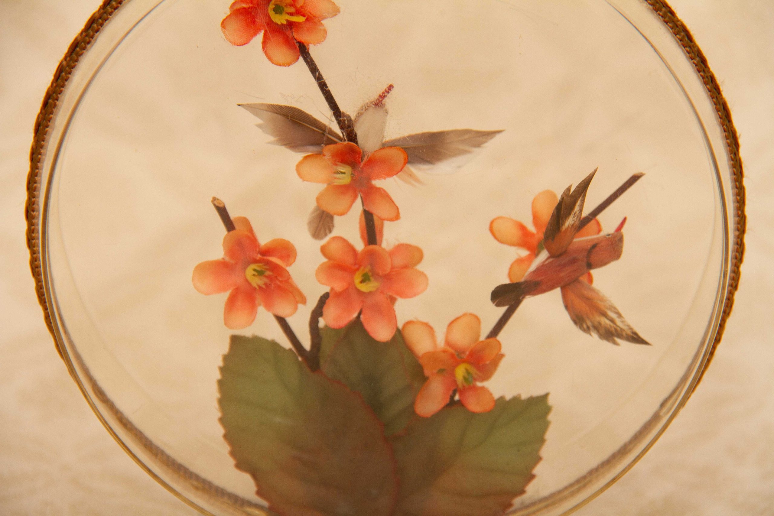 Vintage Diorama Flowers and Birds Encased Picture on Marble Plinth 1970's Cottage Crafts