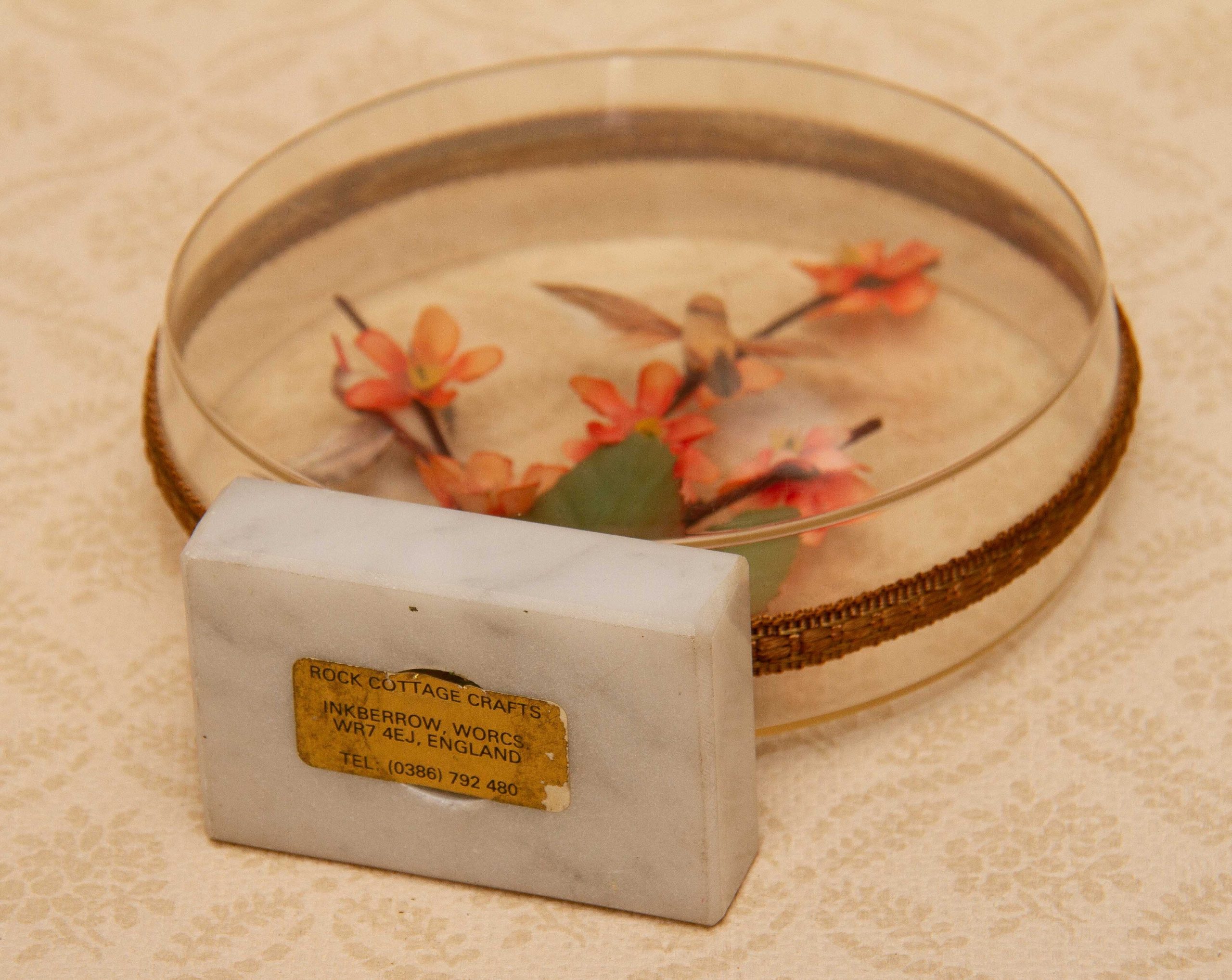 Vintage Diorama Flowers and Birds Encased Picture on Marble Plinth 1970's Cottage Crafts