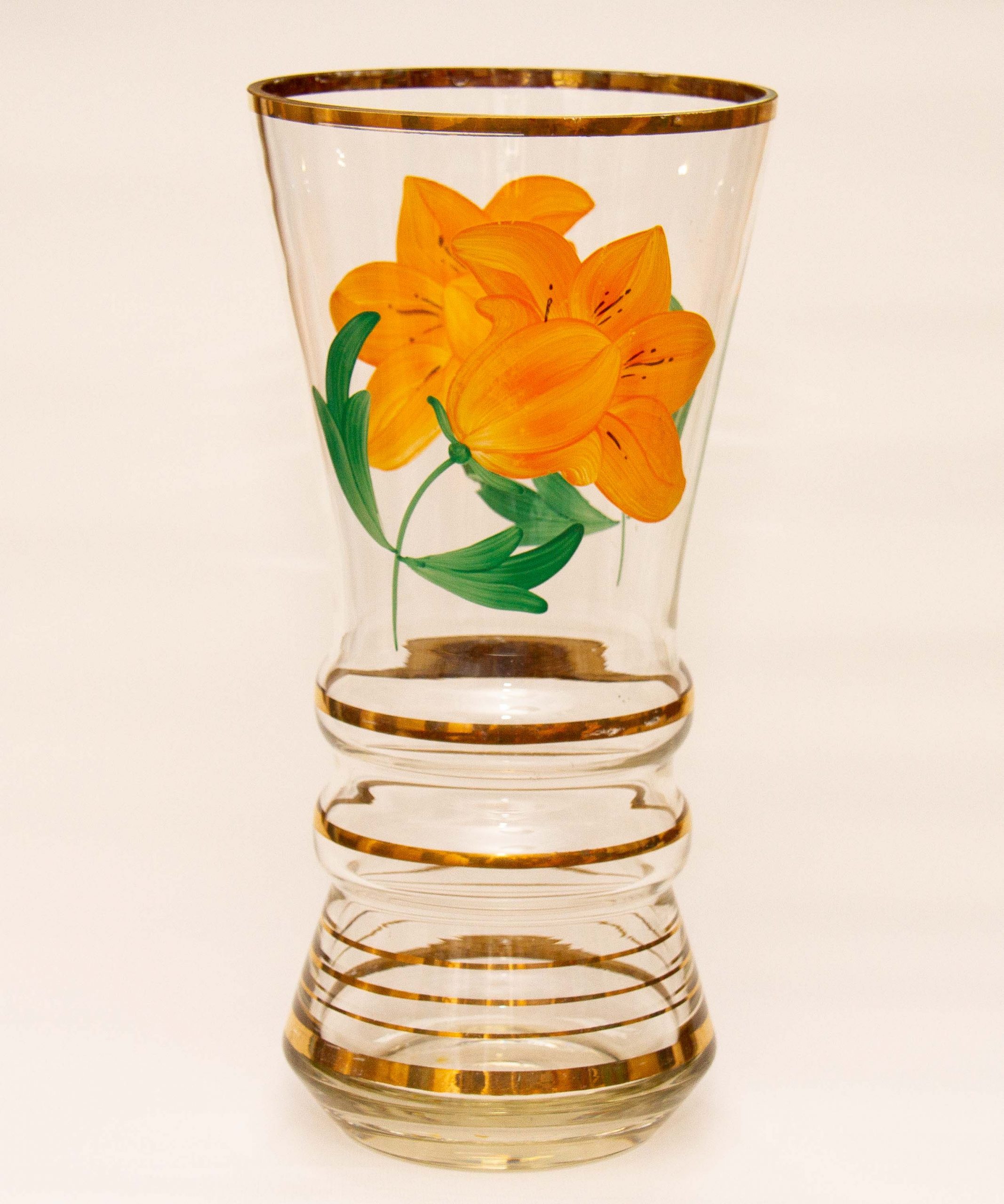 Large Vintage Glass Vase Orange Painted Flower Pattern Gold Bands And Rim Love Vintage