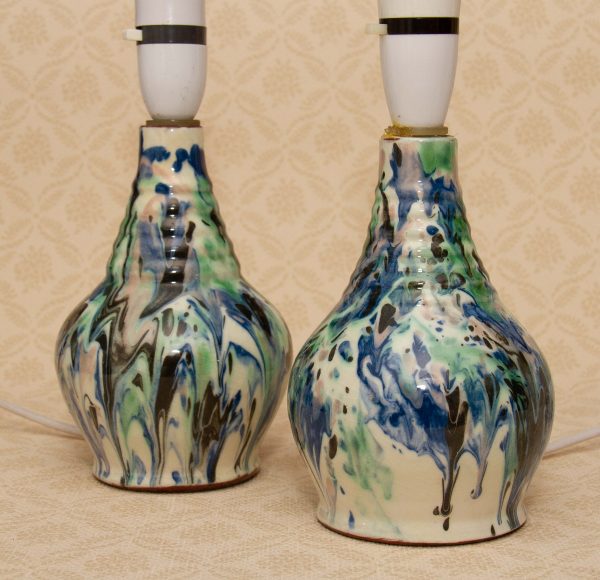 Studio Pottery Drip Glaze Lamps, Pair of Studio Pottery Table Side Lamps in Blue, Green and Black Drip Glaze