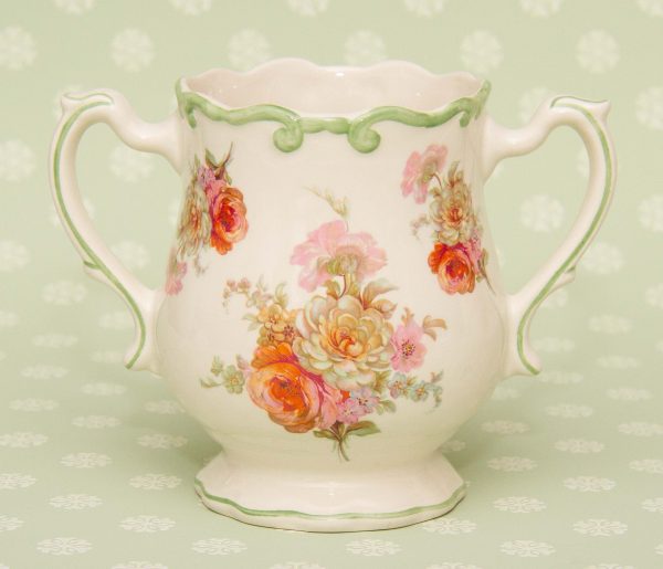 Royal Winton Staffordshire potteries planter, Royal Winton Staffordshire Pottery Two Handle Loving Cup Vase Pink Floral Green Rim