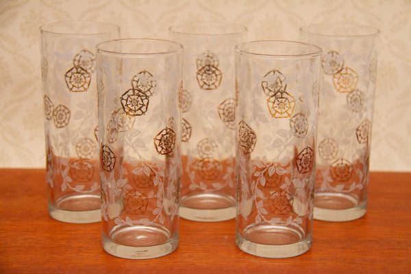 Lancashire Rose vintage glass, Lancashire Rose and White Leaf Pattern Vintage Tumbler Glasses