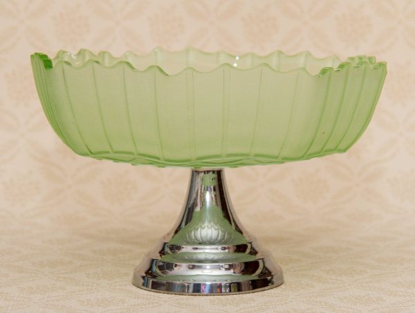 Art Deco Glass Bowl, Large Art Deco Green Glass Bowl On Chrome Pedestal Stand