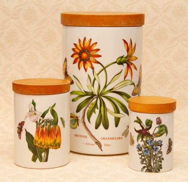 Portmeirion Botanic Garden, Portmeirion Botanic Garden 3 Kitchen Jars With Wooden Lids &#8211; Older Backstamp 1970&#8217;s