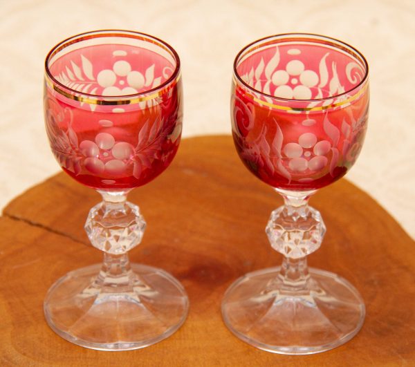 Cranberry Flash Glass Vintage Cordial Glasses Stemmed Small Glasses