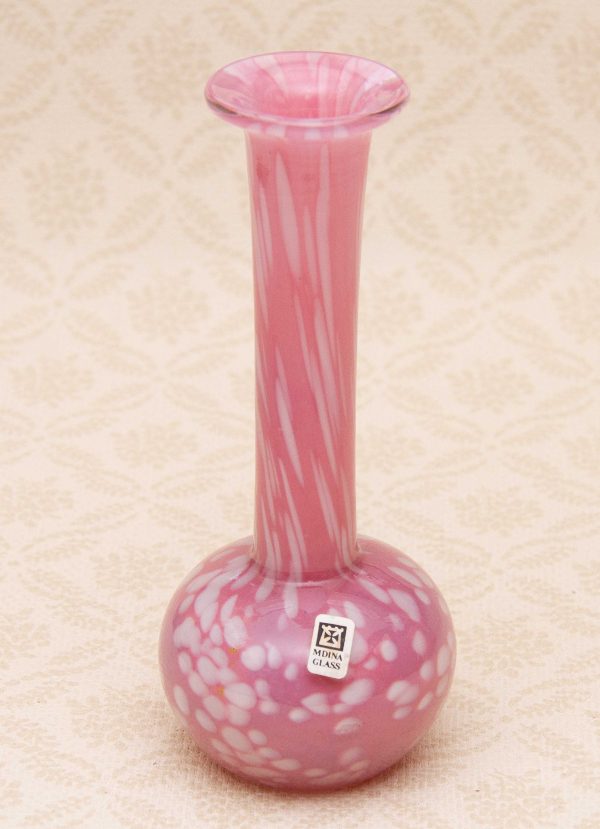 Mdina Glass Pink Vase, Mdina Hand Blown Glass Pink &#038; White Vase &#8211; Signed, 1970&#8217;s