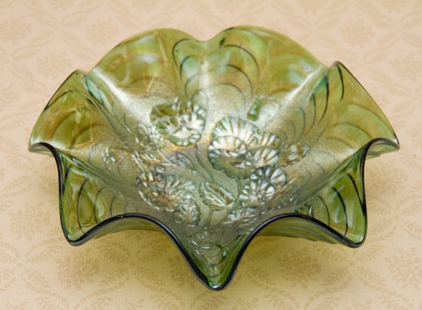 Green iridescent carnival glass, Imperial Green Pansy Pattern Iridescent Lustre Carnival Glass Bowl/Dish