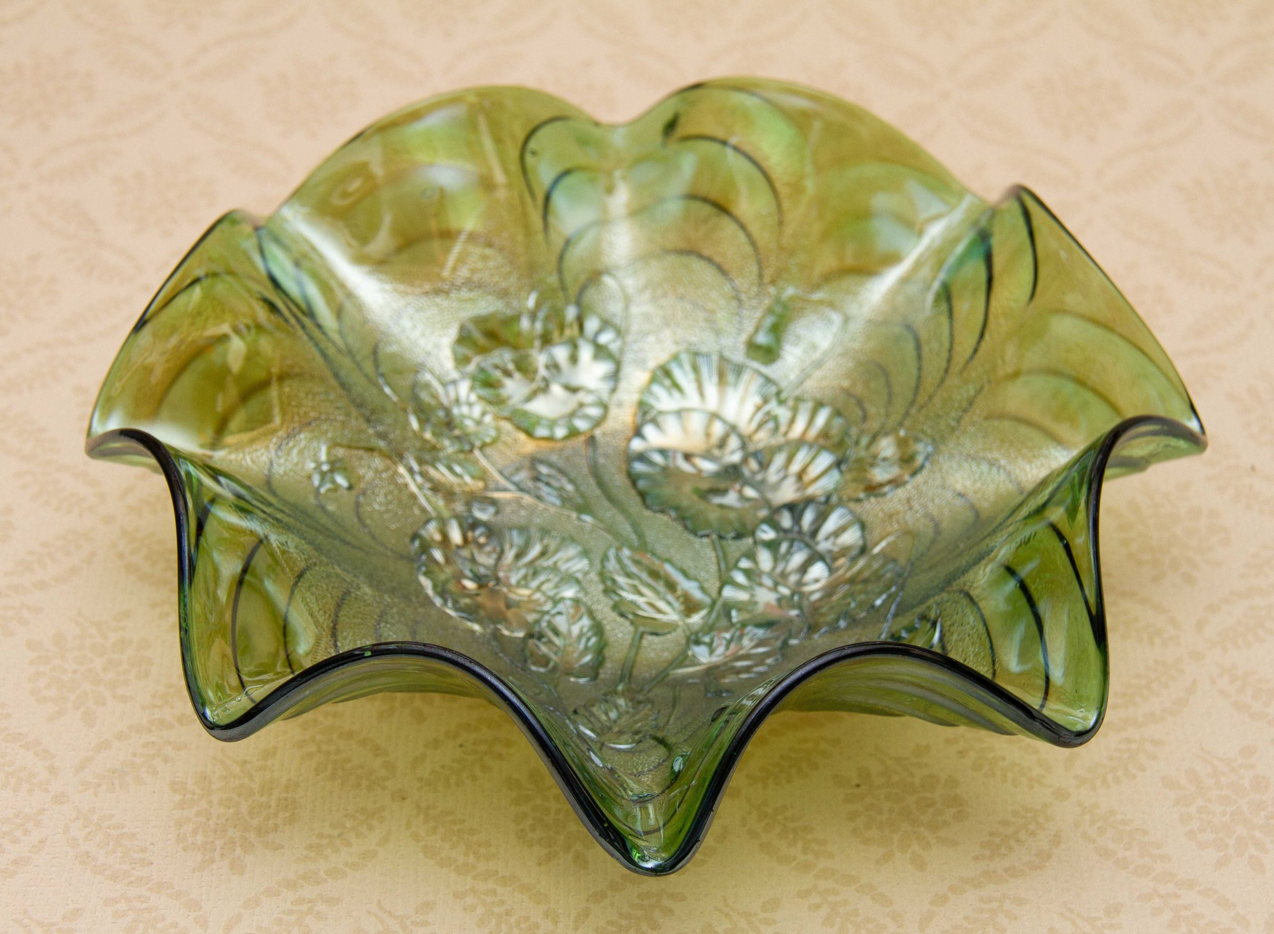 Vintage Green Carnival Glass Bowl