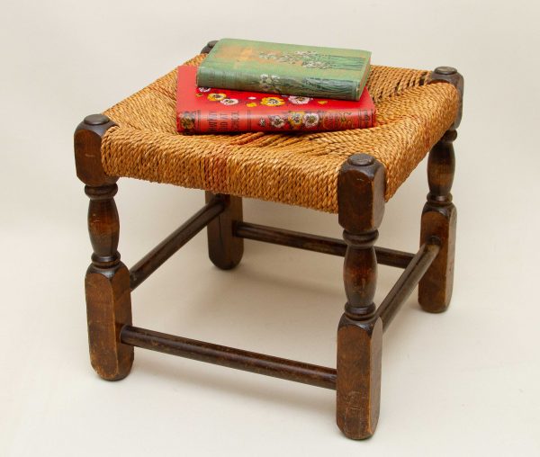 woven top wooden stool, Small Wooden Vintage Foot Stool Seagrass or Hessian Woven Top, Rustic Low Stool or Plant Stand