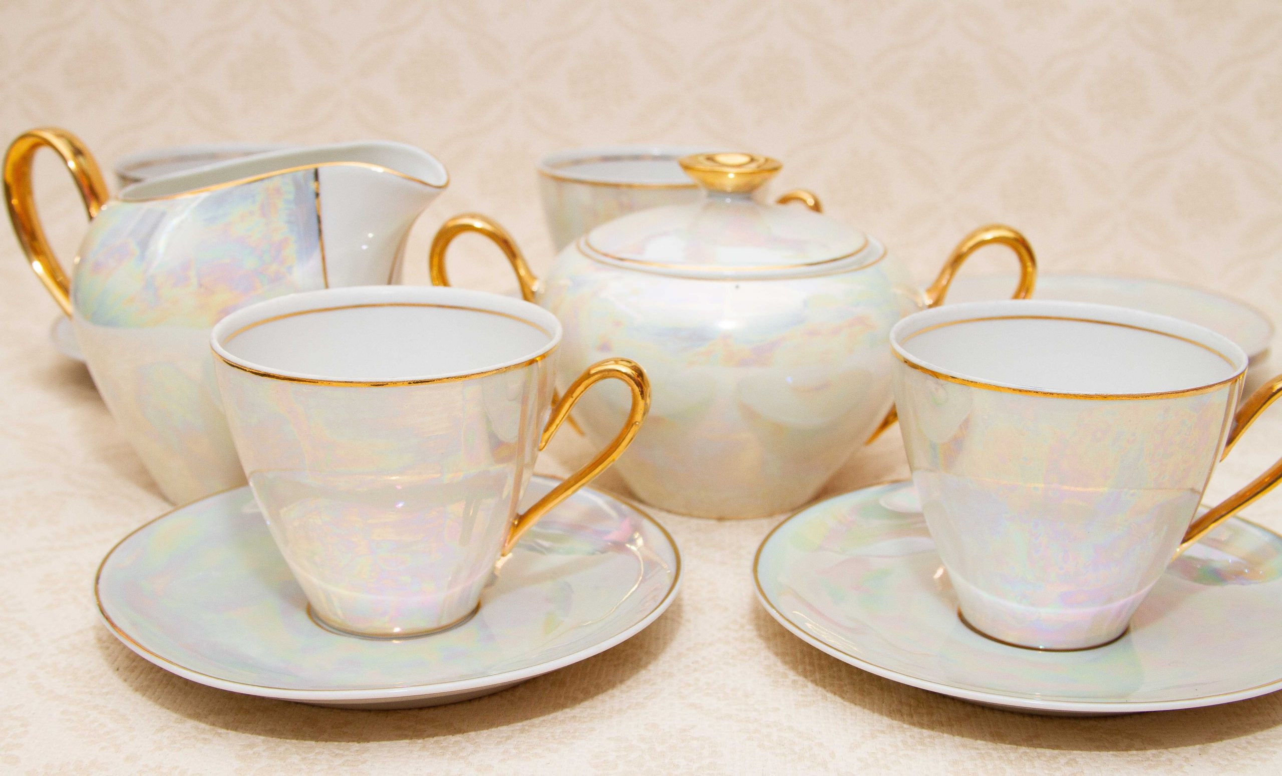 Cmielow Polish Porcelain Lustre Glaze 12 Piece Tea Set Cups Saucers 