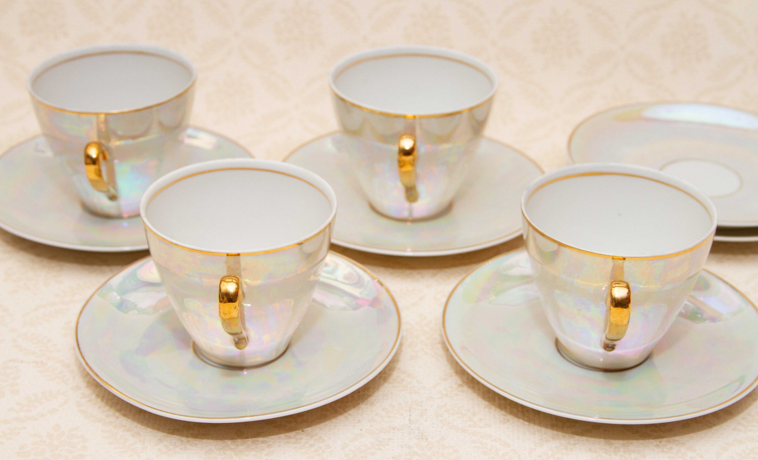 Cmielow Polish Porcelain Lustre Glaze 12 Piece Tea Set Cups Saucers 