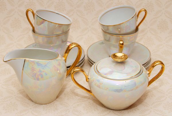 Cmielow Polish tea set, Cmielow Polish Porcelain Lustre Glaze 12 Piece Tea Set, Cups, Saucers, Jug, Sugar Bowl