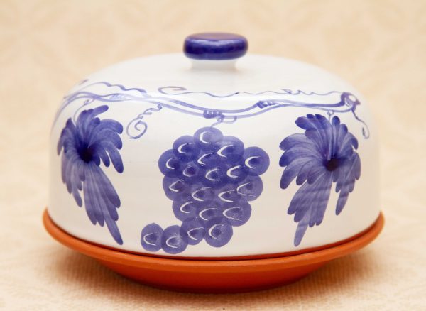 grapevine cheese dome, Round Hand Painted Blue Grapevine Terracotta Cheese Dome or Butter Dish With Lid, Portuguese