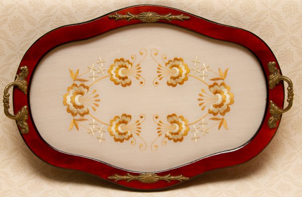 Vintage vanity Dressing Table set, Dressing Table Tray Glass With Embroidery and Wood Frame With Gilt Handles
