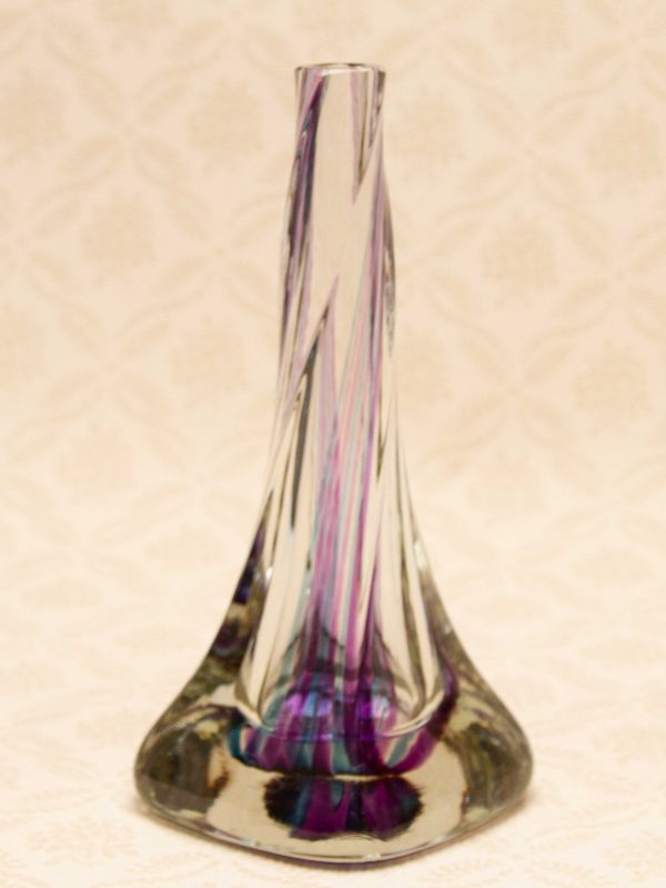 Hand Blown twisted Glass, Purple &#038; Blue Twisted Hand Blown Clear Glass Vintage Vase