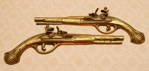 Brass Bookends, Pair of Vintage Retro Brass Flintlock Pistol, Wall Hanging Ornaments
