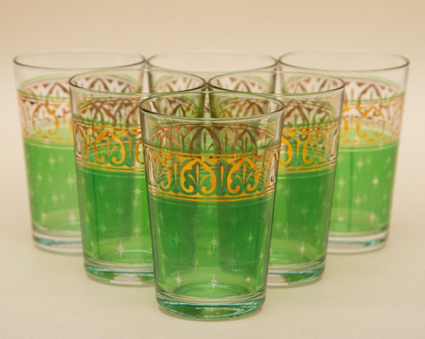 vintage Turkish PASABAHCE Glasses, Set of 6 Vintage Turkish PASABAHCE Glasses, Green and Gold