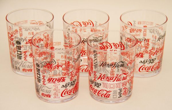 Coca Cola vintage glasses, 5 Vintage Coca Cola Multi Language Branded Glasses, Tumblers, Licensed Product