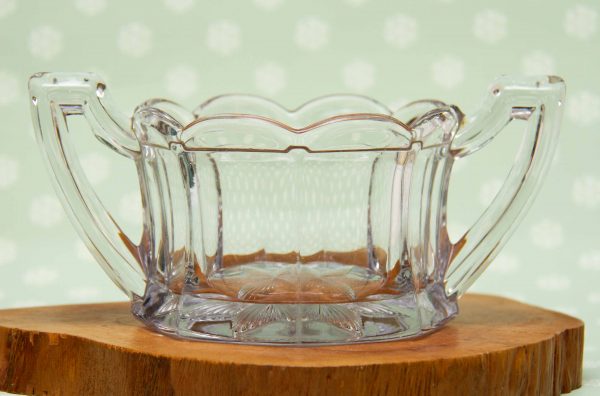 Glass candle holder sugar bowl, Large Pressed Glass Sugar Bowl/Candy Dish With Two Handles and Scalloped Edges, Candle Holder