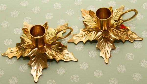 Brass Candlestick Vintage Chamberstick, Pair of Brass Leaf Shape Candlesticks, Chambersticks, Wee Willie Winkie Candle Holder