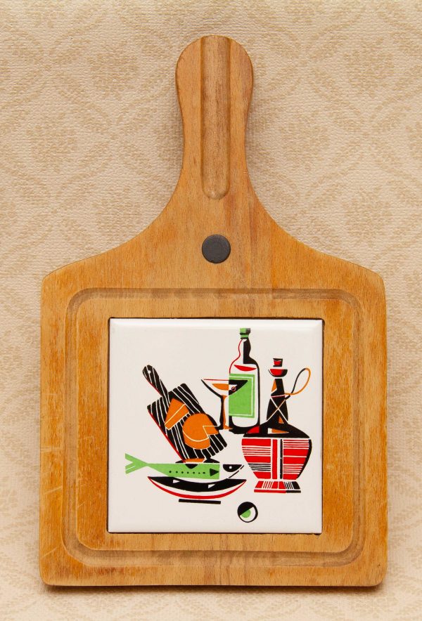 vintage cheese serving board, Mid Century Modern Wooden and Ceramic Vintage Cheese Board, Cheese Wine Fish Design