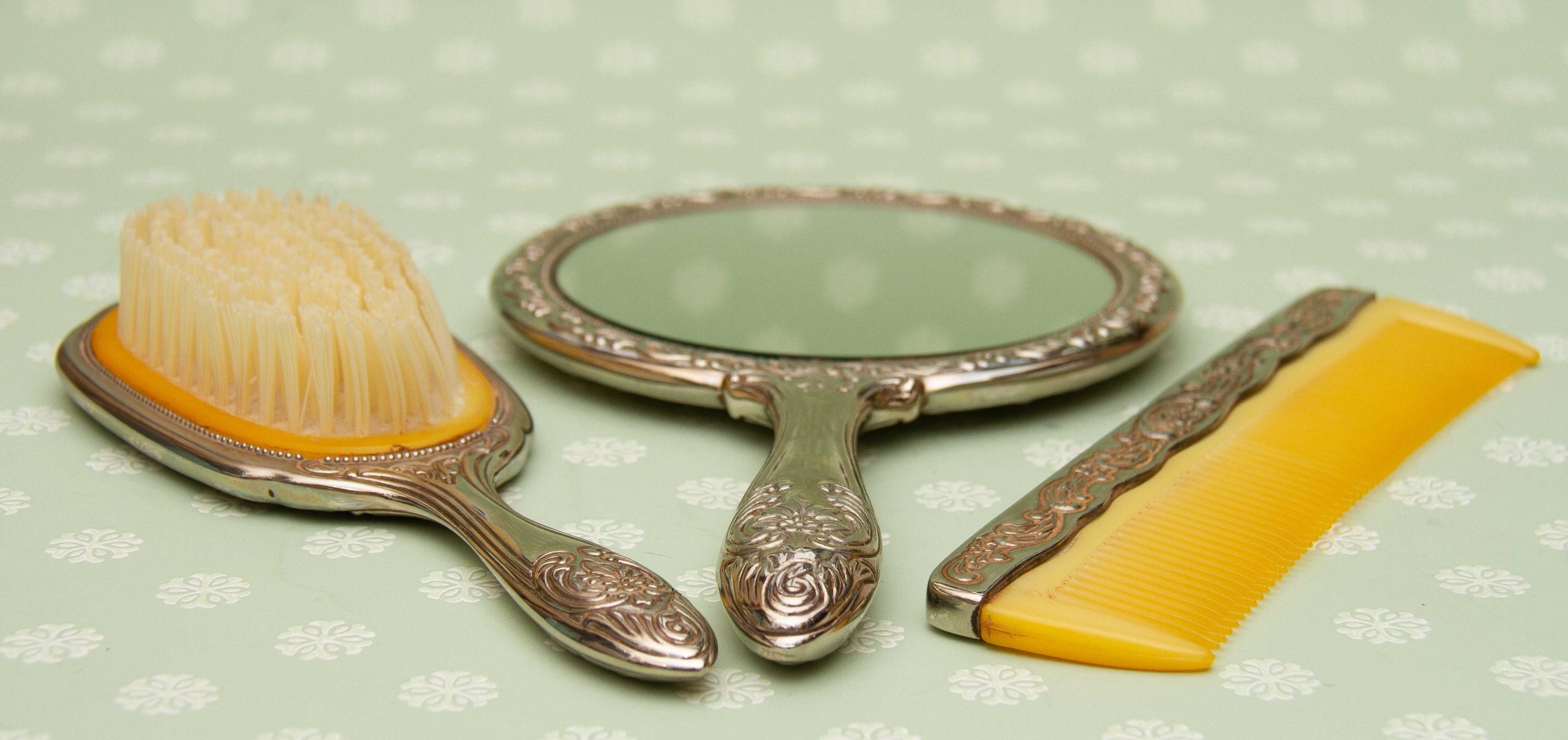 Ornate Silver Plated Dressing Table Set, Hand Mirror, Brush & Comb