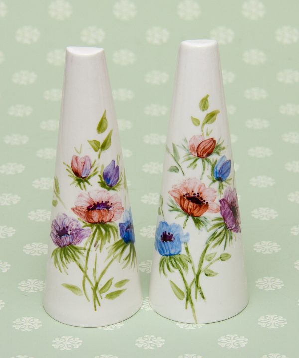 hand painted salt and pepper set, Unusual Cone Shape Hand Painted Salt and Pepper Pot Set