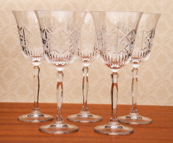 vintage crystal wine glasses, Vintage Crystal Wine Glasses Goblets, Set of 5