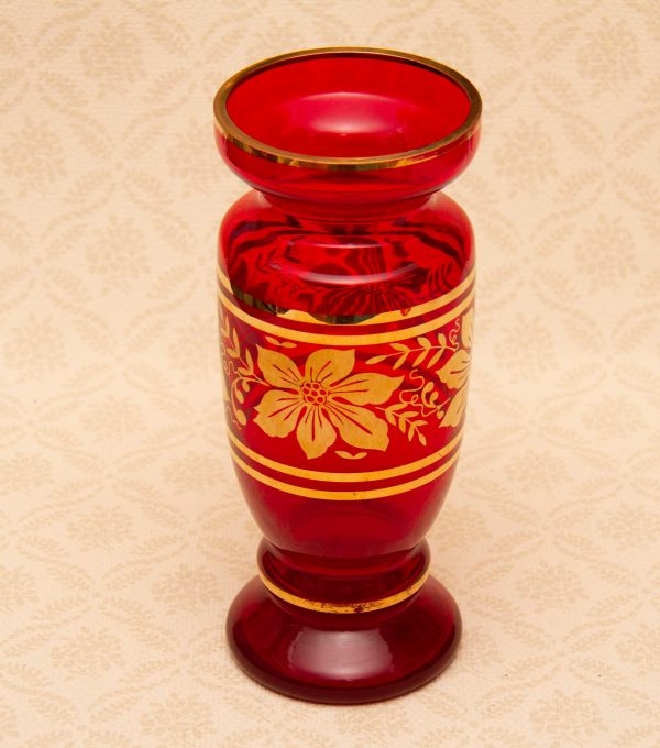 red glass gold flower vase, Vintage Red Glass Vase Gold Flower Pattern Gold Rim
