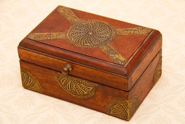 embossed brass wooden box, Small Wooden Jewellery Trinket Box, Embossed Brass Motifs