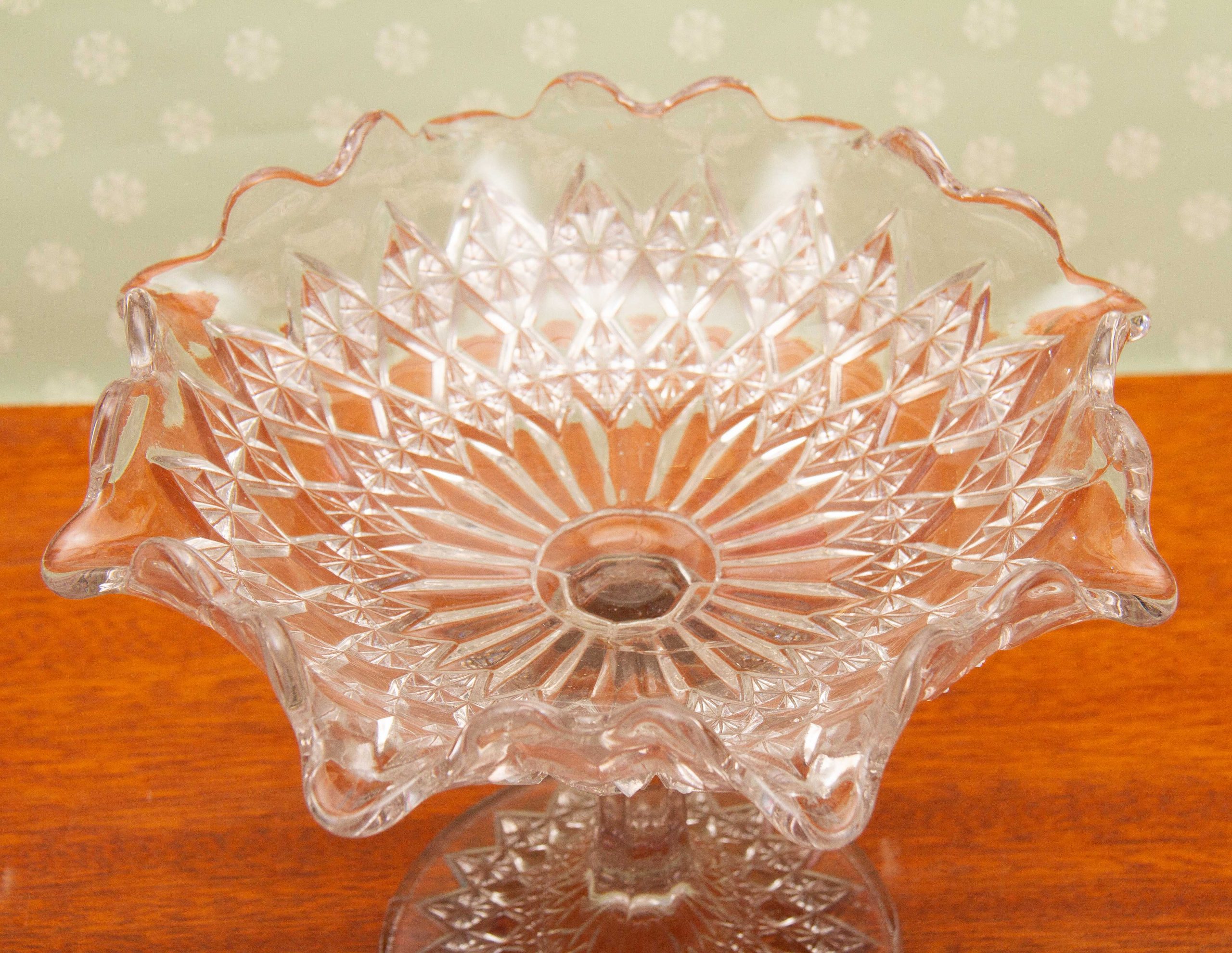 Tall Pedestal Glass Tazza With Decorative Frilled Edge, Vintage Serving
