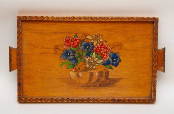 Austrian hand made wooden pyrography tray, Vintage Austrian Wooden Tray With Pyrography &#038; Flower Design