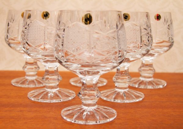vintage crystal wine glasses, 6 Vintage Hobstar Cut Lead Crystal Glasses Wine Goblets, Cocktail Glasses