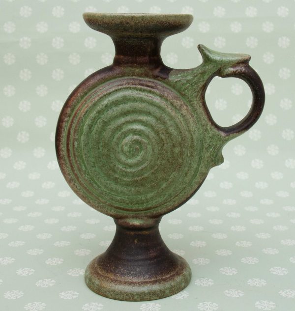 vintage studio pottery candlestick, Large Green and Brown Studio Art Pottery Candlestick With Handle, Decorative Candle Holder