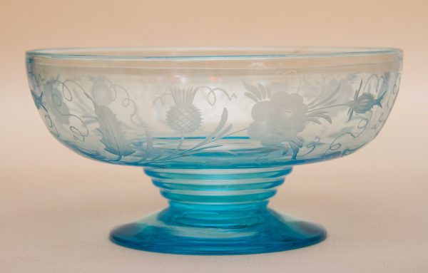 turquoise blue glass footed bowl, Turquoise Blue Glass Footed Bowl, Etched Thistle and Rose Pedestal Dish