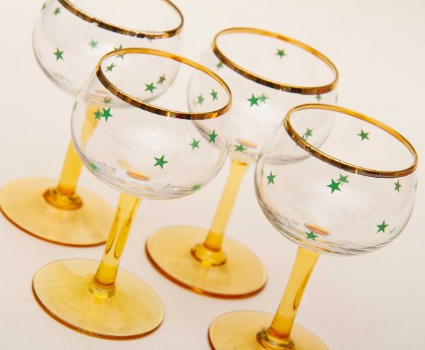 vintage amber stem cocktail glasses, 4 Amber Stemmed Cocktail Glasses With Gold Rims and Green Star Motif