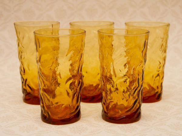 vintage amber glass tumblers, Set of 5 Vintage Amber Glass Tumblers, Water Glasses