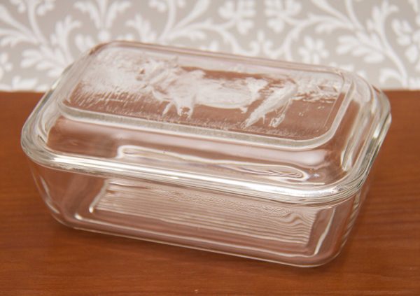 French Vintage Glass Butter Dish, French Vintage Glass Butter Dish with Cow Design Lid &#8211; Arcoroc France