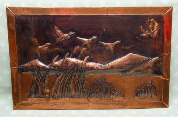 copper tray plate charger Arts & Crafts, Embossed Copper Picture Flying Geese Over Lakes and Mountains Scene